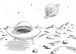 Alien planet graphic UFO flyer spaceship landed black white space landscape sketch illustration vector 