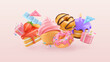 Falling cupcake and donuts. Happy birthday invitations. 3d realistic render vector background