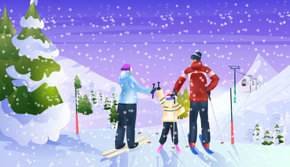 family skiing tourists doing activities winter vacation concept snowfall landscape background