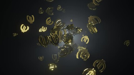 Poster - Golden Euro shiny symbol flying in random motion on dark environment with volumetric back lighting.