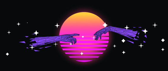 Aufkleber - Vector 3D model of hands going to touch together, reminiscent of Michelangelo's artwork. Cyberpunk and vaporwave style art collage.