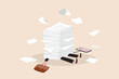 Overwork and overload work make employee exhausted and stressed leads to depression, burnout and low efficiency, fatigue business woman buried under pile of paper or unfinished work near deadline.