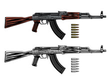 Kalashnikov Assault Rifle Or Machine Gun And Cartridges, Isolated On White Background. Color And Monochrome Black And White Vector Illustration.