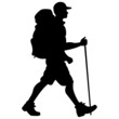 A drover with a backpack in a cap, black silhouette on a white background. Go outdoors for a walk in the fresh air. Tourist club logo, tourist club emblem. Isolated vector drawing