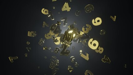 Poster - Golden shiny numbers flying in random motion on dark environment with volumetric back lighting.
