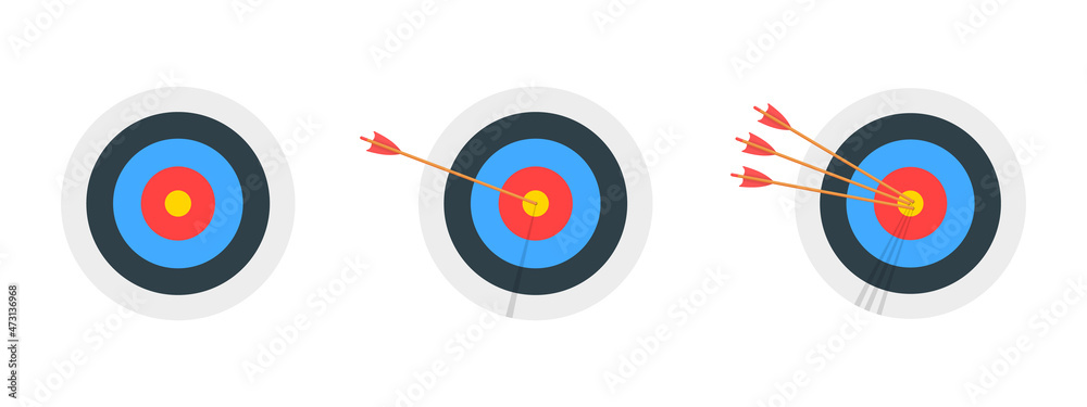Archery target rings with and without arrows hitting bullseye. Round ...