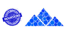 Mountains Vector Collage Of Circle Dots In Variable Sizes And Blue Color Tinges, And Textured Mountains Stamp Seal. Blue Round Sharp Rosette Badge Has Mountains Tag Inside.