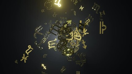 Poster - Golden zodiac shiny signs flying in random motion on dark environment with volumetric back lighting.