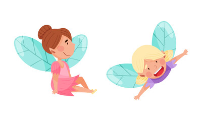 Poster - Adorable fairy girls set. Happy winged girls, fairy tales creatures cartoon vector illustration