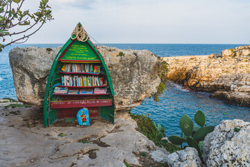 Mediterranean sea landscape with rocky cliff, beautiful blue sea, vegetation and bookcase with shelves made in an old colored wooden boat