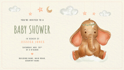 Watercolor elephants for nursery. Cute poster example for baby shower. The template with little baby elefant for nursery, posters, print, baby shower.