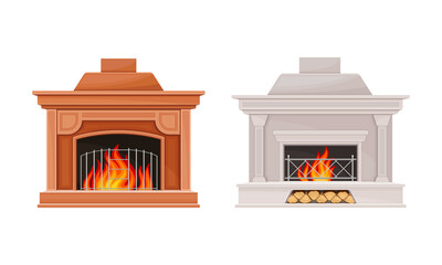 Canvas Print - Classic marble open hearth fireplace with burning fire set vector illustration