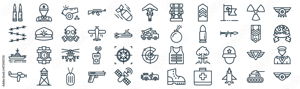 military thin line icon set such as pack of simple torpedo, airplane ...