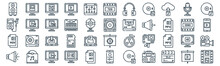 Audio And Video Thin Line Icon Set Such As Pack Of Simple Mixer, Keyboard, Download, Album, Mov, Crop, Microphone Icons For Report, Presentation, Diagram, Web Design
