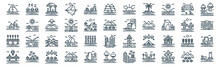 Landscapes Thin Line Icon Set Such As Pack Of Simple Farm, Lake, Mountains, Tipi, Bridge, Volcano, Desert Icons For Report, Presentation, Diagram, Web Design