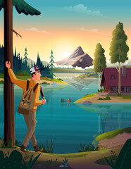 Wall Mural - Landscape with traveler and hut on the mountain lake.