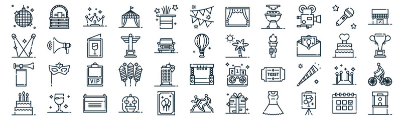 event thin line icon set such as pack of simple magic hat, award, vip, wine, air horn, invitation, microphone icons for report, presentation, diagram, web design