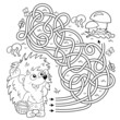 Maze or Labyrinth Game. Puzzle. Tangled road. Coloring Page Outline Of cartoon little hedgehog with basket of mushrooms. Coloring book for kids.