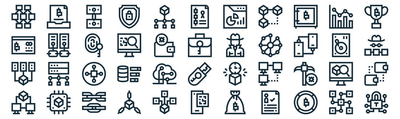 blockchain thin line icon set such as pack of simple aorithm, coding, cryptocurrency, cpu, data mining, biometric, bar graph icons for report, presentation, diagram, web design