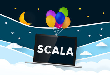 Poster - Scala programming language. Balloons carries laptop with word Scala
