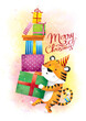 Happy New Year and Merry Christmas! A cute cartoon tiger holding new year gifts. Watercolor drawing. English lettering. Christmas postcard. New Year postcard.