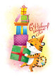 Happy New Year and Merry Christmas! A cute cartoon tiger holding new year gifts. Watercolor drawing. Russion lettering. Christmas postcard. New Year postcard.