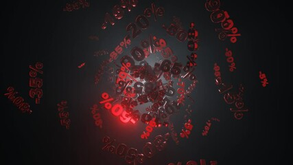 Poster - Red metallic sales percentage shiny symbols flying in random motion on dark environment with volumetric back lighting.