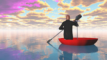 Man Rowing Oars In The Red Umbrella