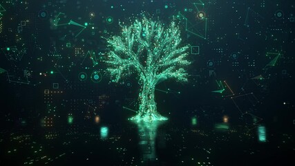 Poster - Big data cloud computing in the shape of a large tree. AI network technology or Green and Renewable energy concept. 3d animation background