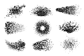 particles burst. shatter shapes, destructive triangles particle. black geometrica explosion, abstrac