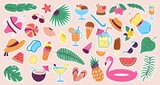 Fototapeta Boho - Summertime stickers. Cute tropical beach elements, fruit, lemonade jar and food. Travel and vacations, seasonal patch. Fashionable decent vector kit