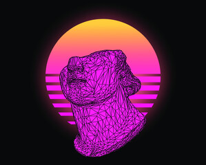Poster - 3D model of a Fragmentary colossal head of a youth sculpture in cyberpunk retrowave style. Bust made of polygonal particles. Vector illustration.