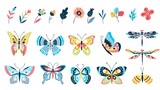 Fototapeta  - Butterflies and flowers. Isolated branch, flower and butterfly. Dragonfly, flying insects and natural elements. Summer spring season vector kit