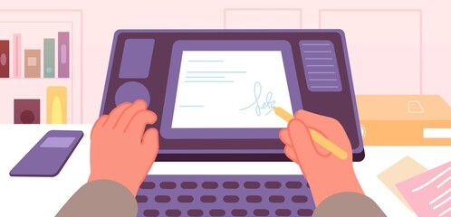 Poster - digital signature on screen. man signs document, agreement or contract. electronic sign in bank or o