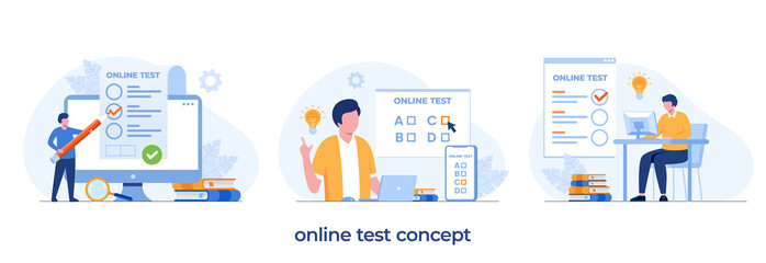 online test and checking answers, examination, test, quiz, flat vector illustration template