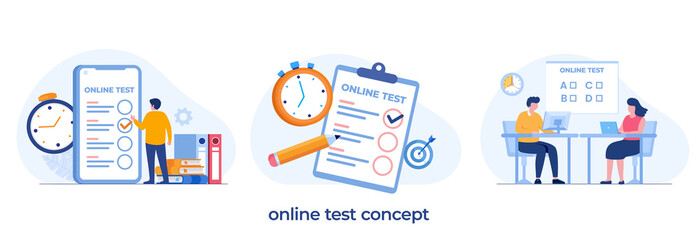 online test and checking answers, examination, test, quiz, flat vector illustration template