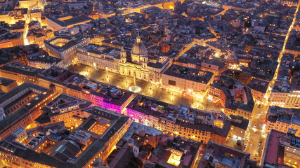 Wall Mural - Aerial drone night shot of iconic masterpiece elliptic square - Piazza Navona, Rome historic centre, Italy