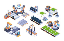 Car Production. Automation Robotics Automobile Manufacture Processing Smart Robotic Services Garish Vector Isometric Illustrations