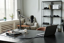 Background Image Of Recording Room Interior With Studio Microphone On Stand And Laptop Setup, Copy Space