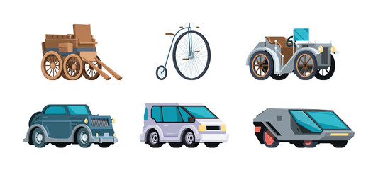 Sticker - Vehicle evolution. Retro old style and modern automobiles motor cars with wheels development timeline transports technology garish vector illustrations in flat style