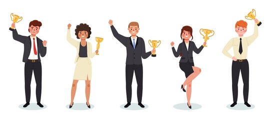 Wall Mural - businessmen with golden cups. happy positive office employees holding gold rewards. winners awarding
