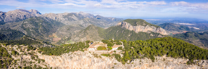 Wall Mural - Ruins of castle Castell Alaro on Mallorca mountain landscape scenery travel traveling holidays vacation aerial photo panorama in Spain