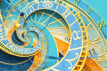Droste Effect Background Based On Prague Astronomical Clock. Abstract Design For Concepts Related To Astrology And Fantasy.