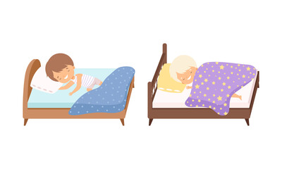 Canvas Print - Little Boy Sleeping Sweetly on Soft Pillow Under Blanket in Their Bed Vector Set