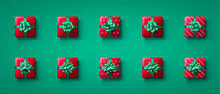 Set Of Red Isolated Gift Boxes With Green Bows.