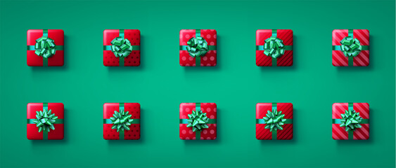 Canvas Print - Set of red isolated gift boxes with green bows.