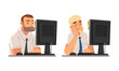 Tired Man in Front of Computer Screen Doing Work Routine in the Office Vector Set