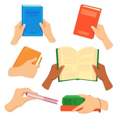 Wall Mural - Hands holding books. Book in reader hand, arm with textbook, reading academic literature, school library education, closed diary notebook, flat icon cartoon neat vector illustration