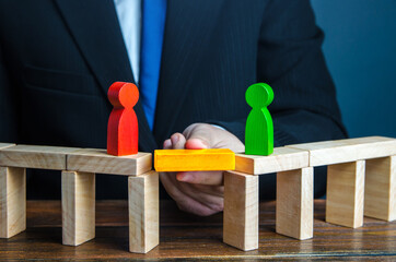 mediator to remove the gap of understanding between people. compromise dispute resolution. build bri