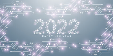 Poster - Modern technology template for Merry Christmas and Happy New Year 2022 with connected lines and dots. Digital geometric effect. Vector illustration